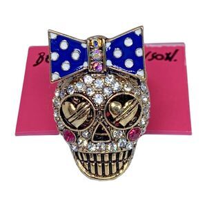 Betsey Johnson Sugar Skull Ring Sz 7 Crystal Stretch Ivy League Polka Dot